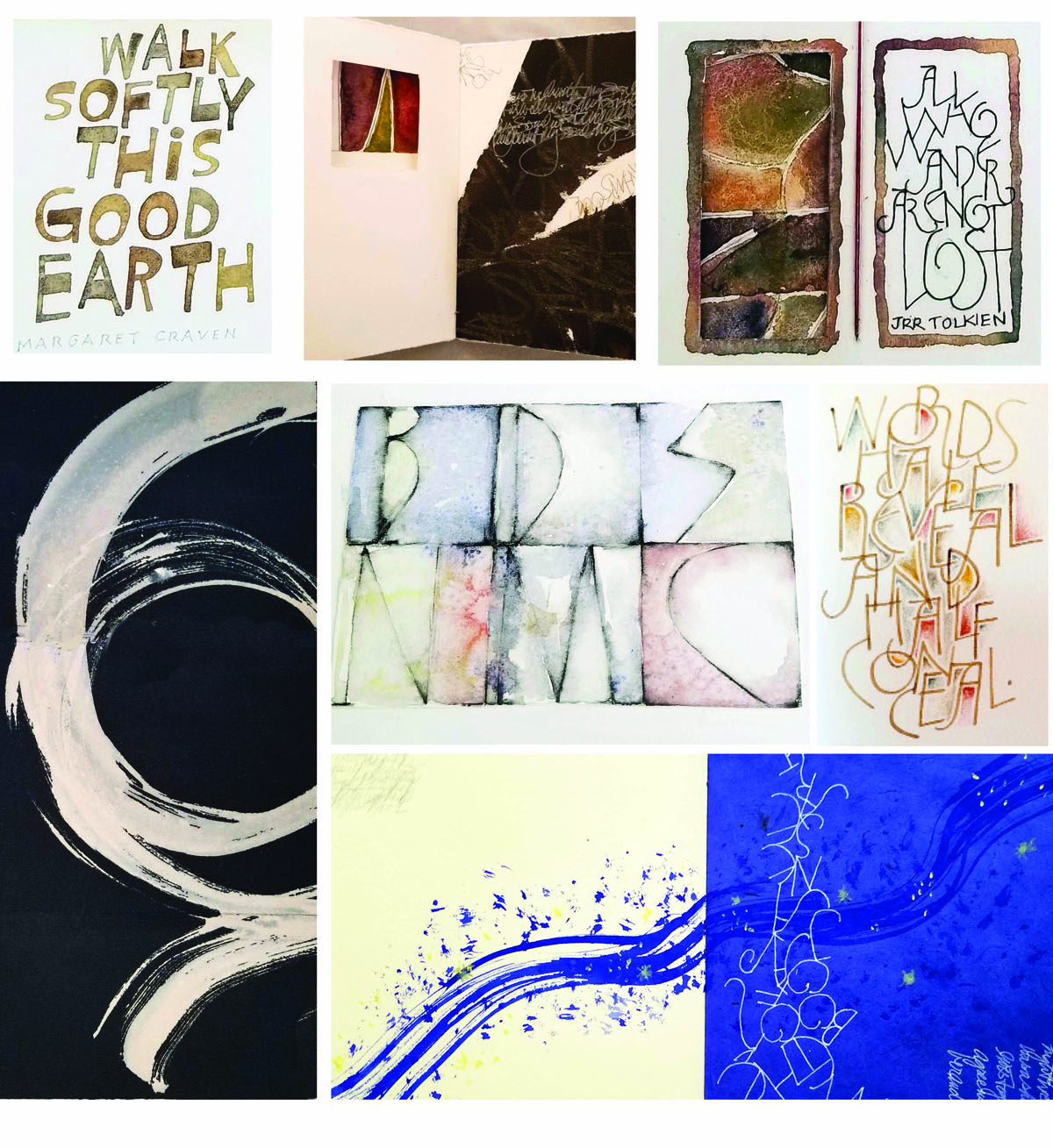 Some of the detail images from our class in Bozeman, MT, with only three days to learn an alphabet and study the work of Ben Shahn. From left to right: Cindy Romo, Barb Weas, Becky Smith, Emily Copeland, Christy Hartman, Beth Lee, and Cynthia Meeker.