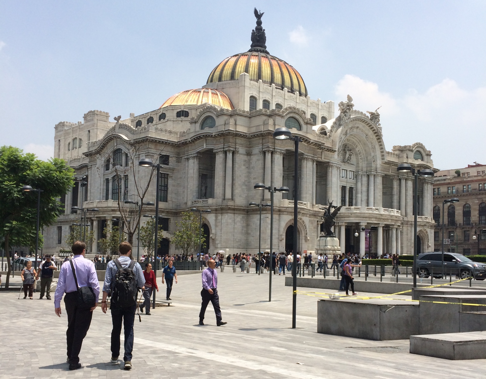 Curtis and Griffin lead the way to the Palcacio de Belles Artes in Mexico City- Neo classical , Art nouveau with an interior that is Art deco all rolled into one. The dome is crystal and there is a Tiffany in the theater. 
