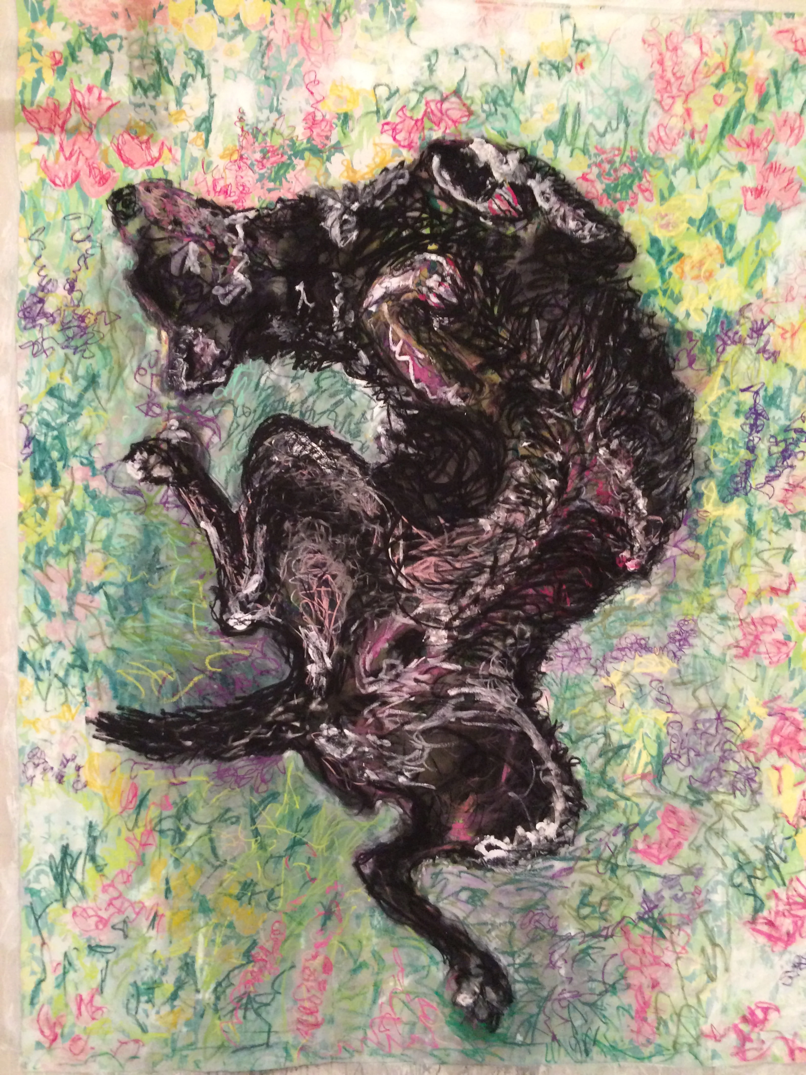 Happy dog in wildflowers Collage, charcoal, pastel 8' x 6'" On cloth (vintage sheet