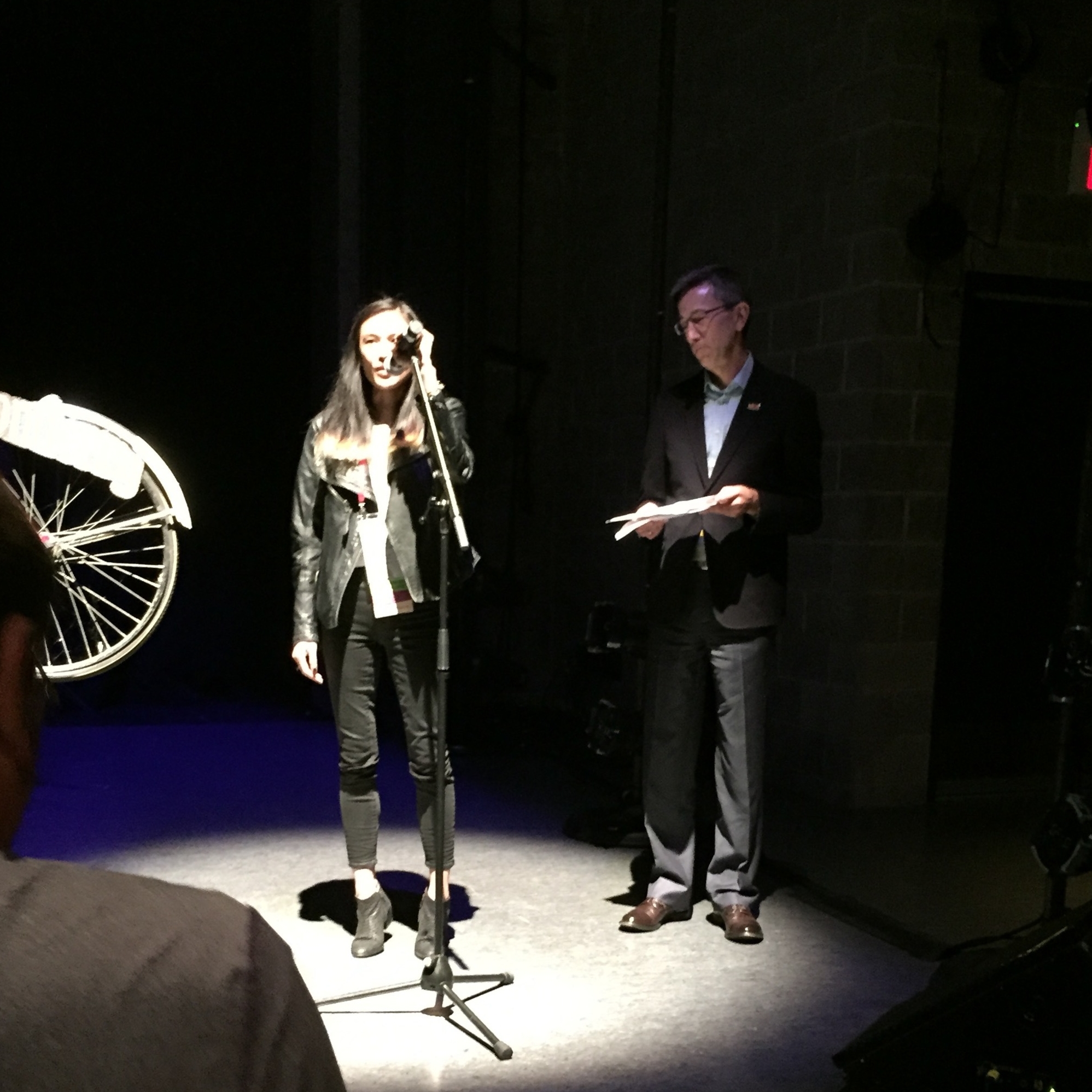 Gotta stay on my toes! Speaking at the Juried Showcase at SFU Goldcorp's Wong Experimental Theatre. Photo: Isabel Kim