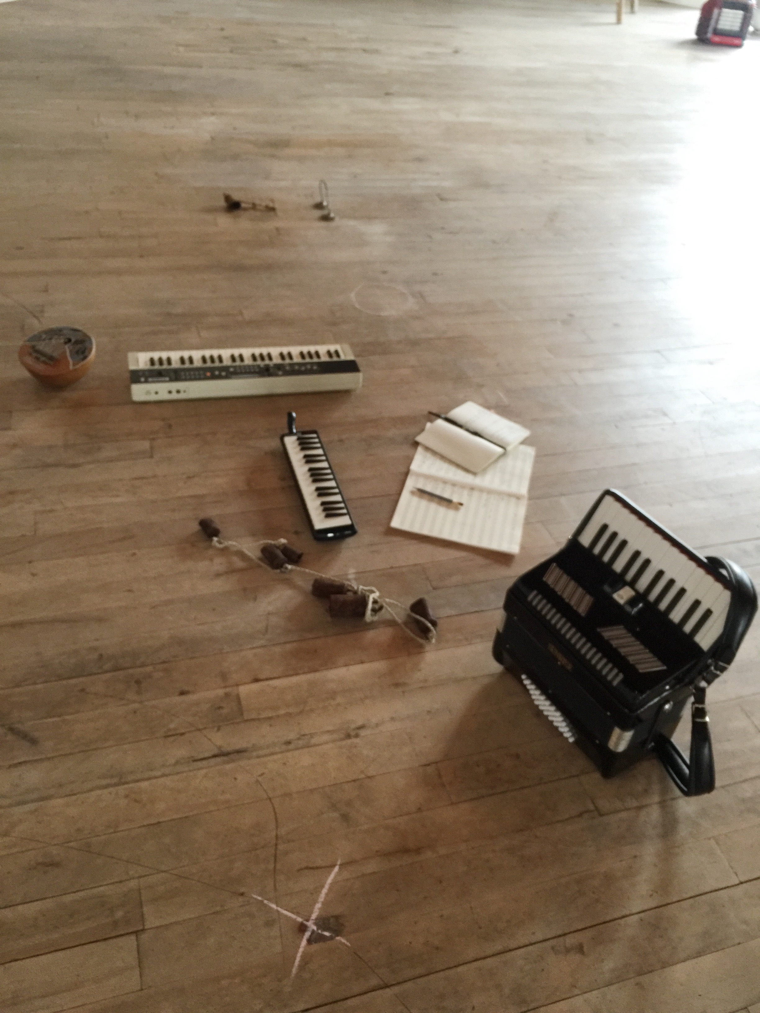 Thumb piano; a Casio tone from the 80s we nicknamed "Gene," as in Gene Belcher; melodica; Melinda's accordion; and some cow bells that were hanging out at the mill