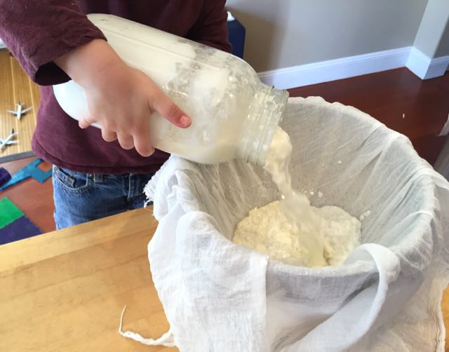 Pour the clabber into the cheesecloth.
