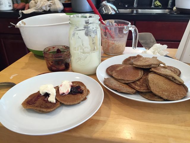  Once we had something that looked and smelled like sourdough, we made pancakes with the flour and water we removed.   