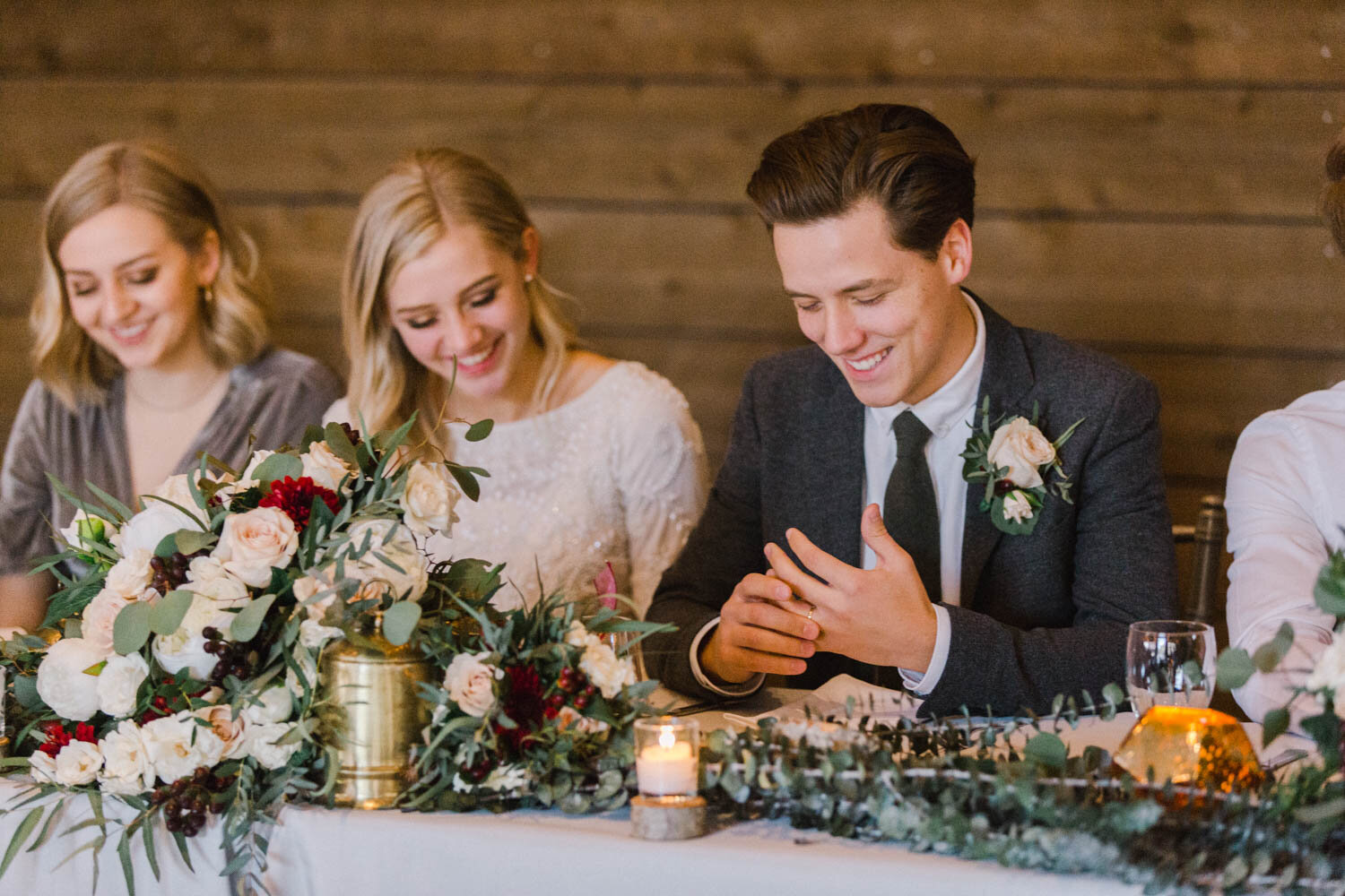 Priddis Alberta Winter Wedding burgundy cream silver inspiration Jennie Guenard Photography