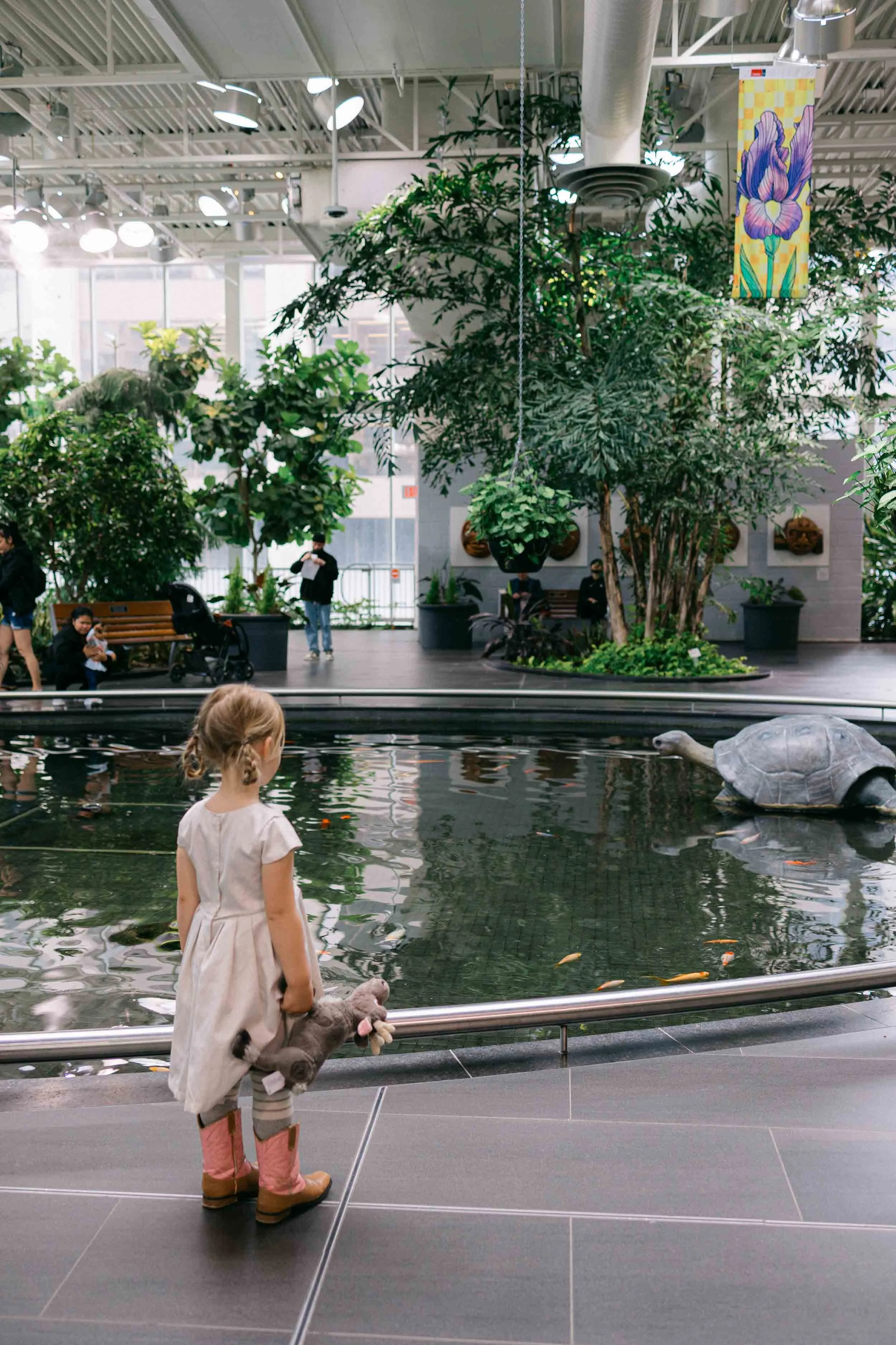 Coy pond in the Calgary indoor Devonian Gardens, with a giant turtle in the water and a little girl holding her stuffy gazing at the pond