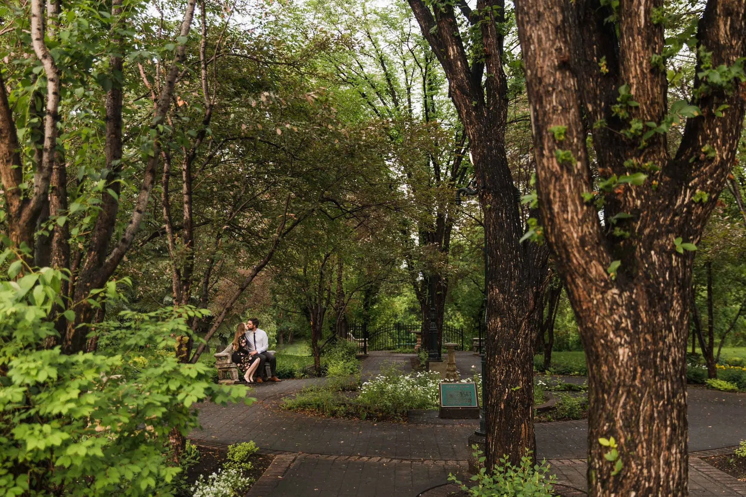 Gerry Shaw Garden, Calgary, a couple dancing and cuddling beneath the trees