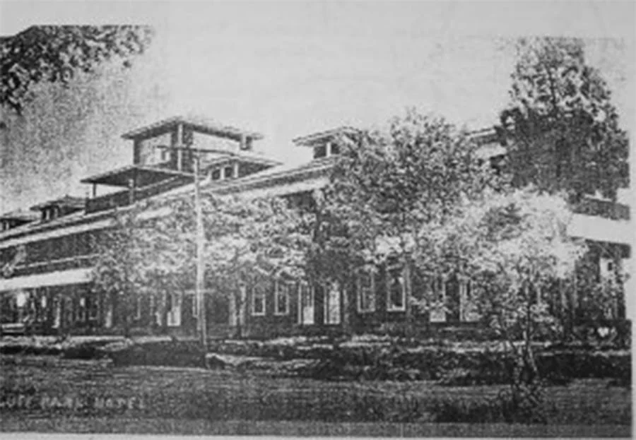 This is one of the only surviving photos of the Bluff Park Hotel, which burned to the ground in the 1920s. The hotel was a popular destination for travelers seeking a dip in the bluff’s springs, which were believed to have medicinal benefits. Image: Heather Jones Skaggs