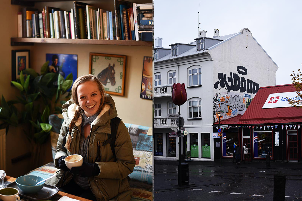 Left: Karly enjoying a latte at Café Babalú. Right : One of the many colorful buildings of downtown Reykjavik.