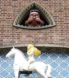 The clock in Broadgate, Coventry, where Tom has his eyes blasted every hour.