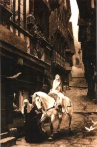 A 19th century dream of Coventry as it never way. Even the fact she's riding a version of side saddle is anachronistic. 