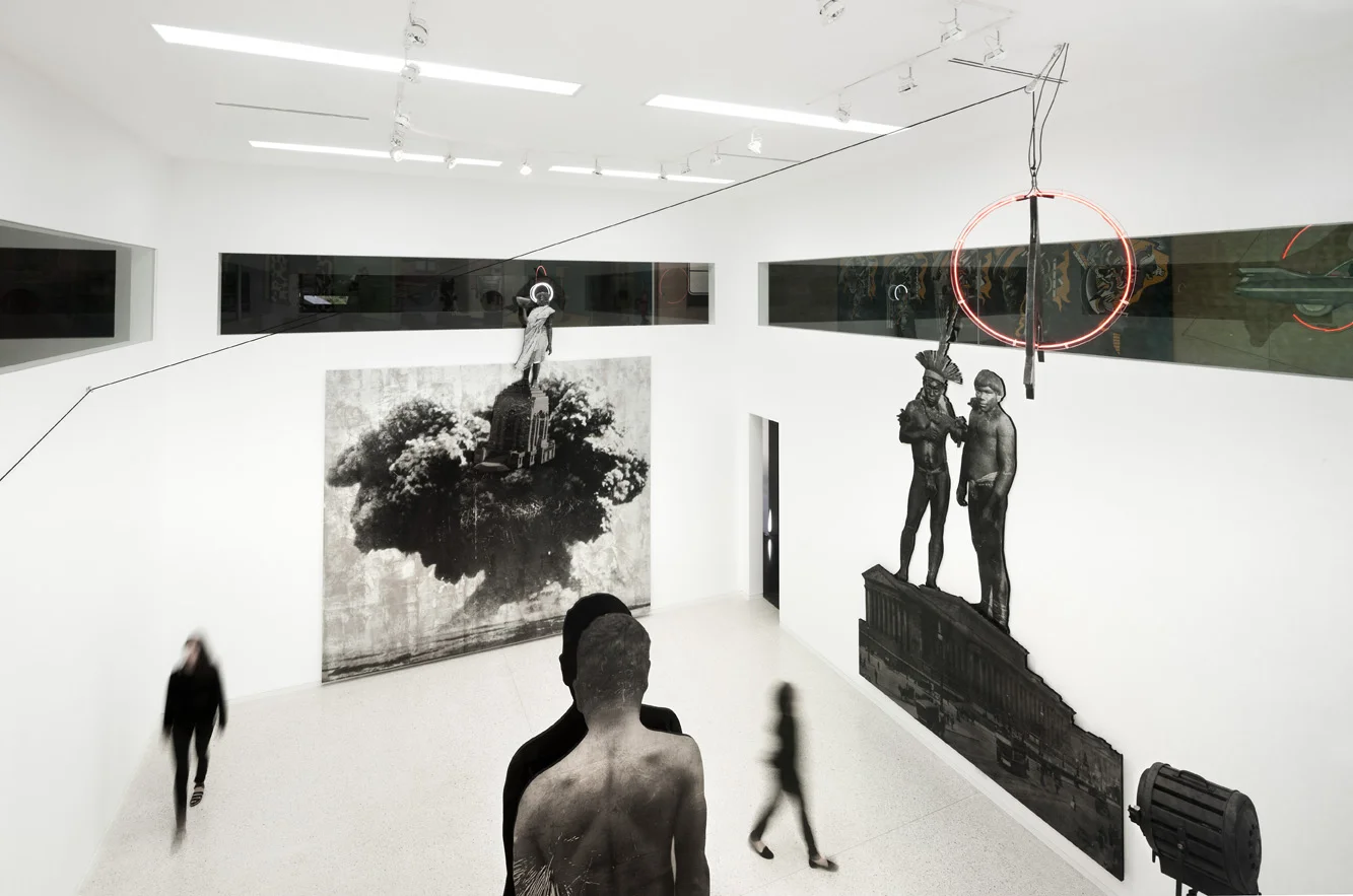   WITNESS , 2014  Ink, foil,&nbsp;Alucobond,&nbsp;foam, neon, theatre light, sand bags, metal and rope Site specific installation  Image courtesy Lyon Housemuseum and Lyon Collection.&nbsp;Photography Dianna Snape. 