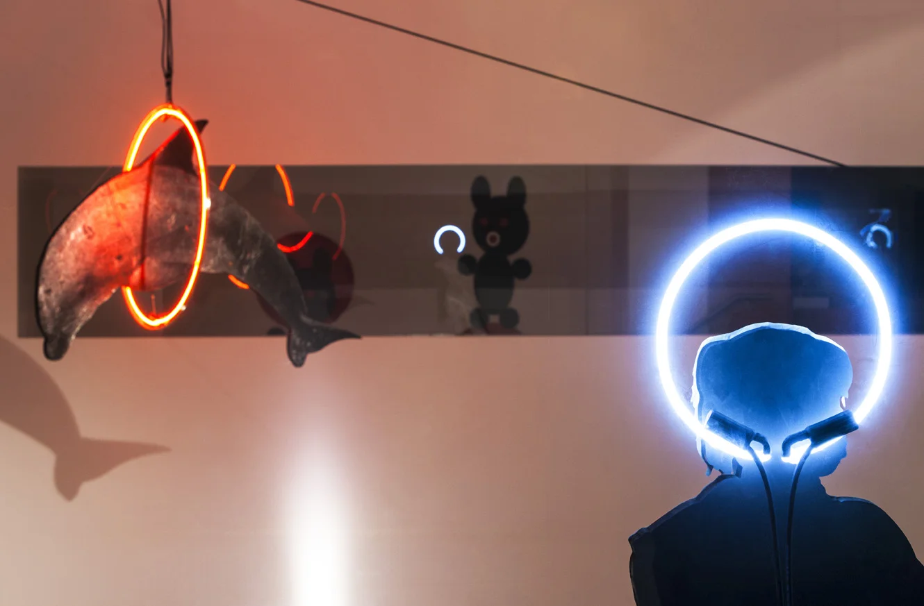   WITNESS , 2014  Ink, foil,&nbsp;Alucobond,&nbsp;foam, neon, theatre light, sand bags, metal and rope Site specific installation  Image courtesy Lyon Housemuseum and Lyon Collection.&nbsp;Photography Dianna Snape. 