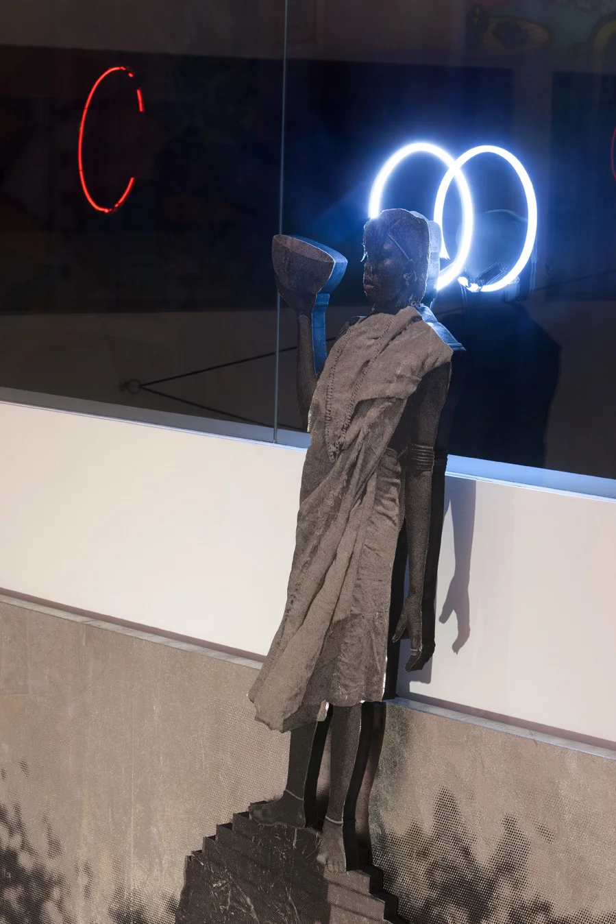   WITNESS , 2014  Ink, foil,&nbsp;Alucobond,&nbsp;foam, neon, theatre light, sand bags, metal and rope Site specific installation  Image courtesy Lyon Housemuseum and Lyon Collection.&nbsp;Photography Dianna Snape. 