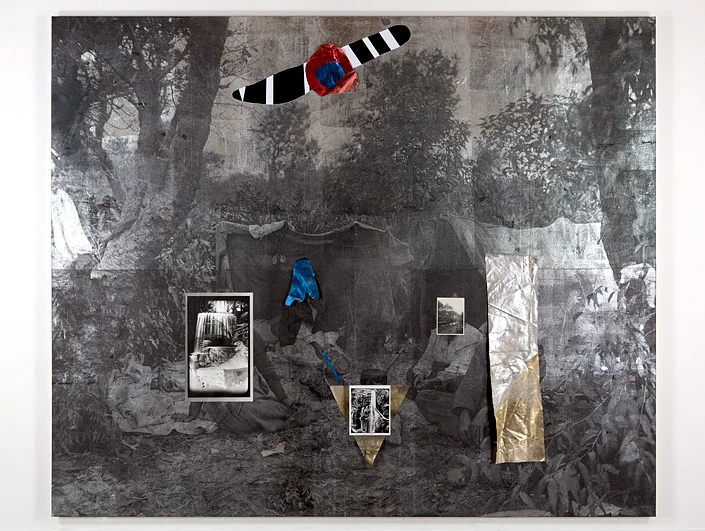 Earth , 2016 Linen, cotton, acrylic paint, silver gelatin photographs, ink, foil 250 × 300 × 5cm