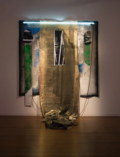 Rocket Shadow , 2013 Linen, oil pastel, acrylic spray, charcoal, foil 290 × 245 × 135cm