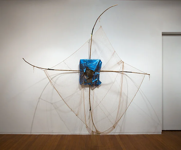 Catching Systems , 2013 Linen, ink, foil, bamboo, rubber, string 300 × 270 × 125cm