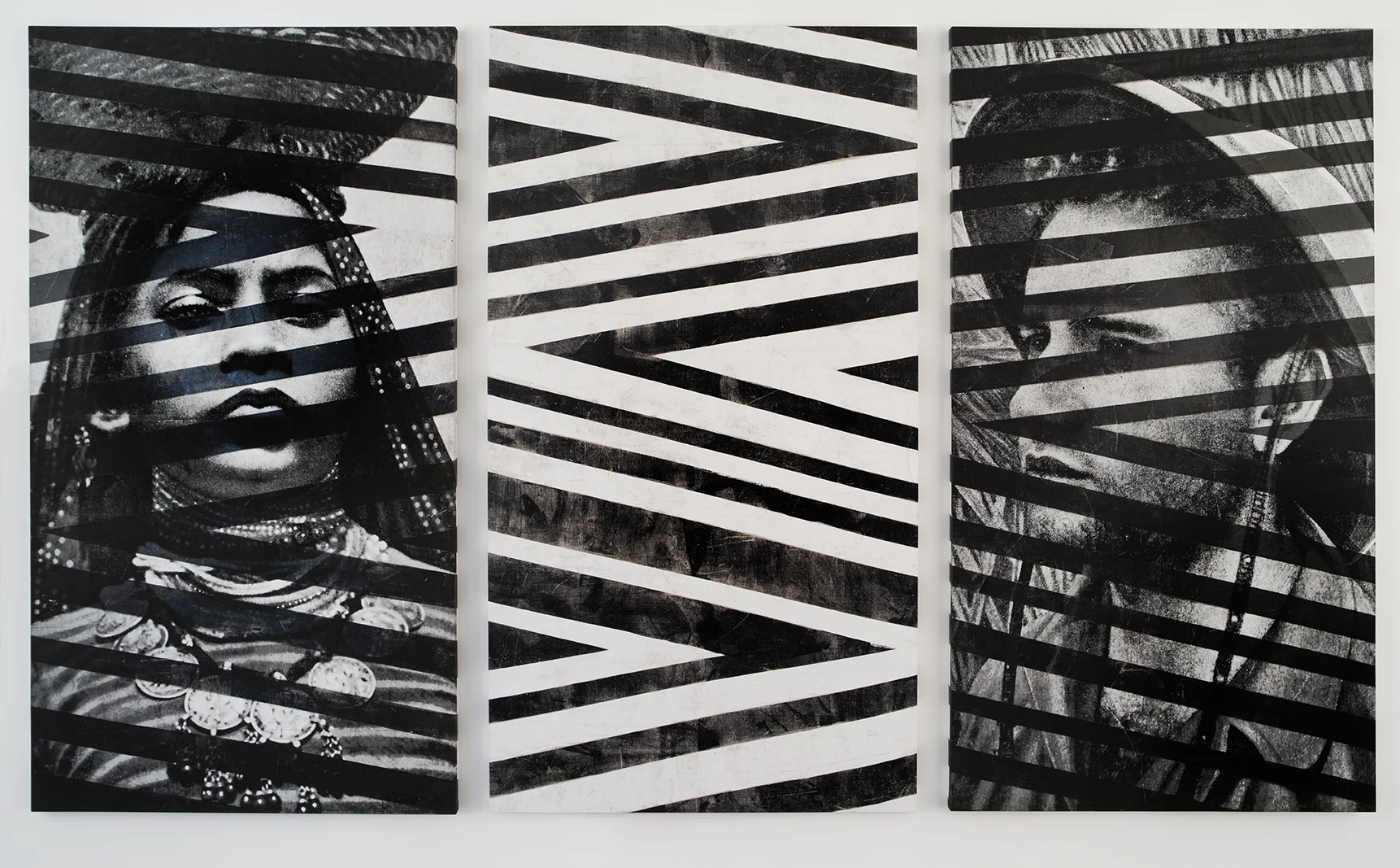 Memory (Triptyque), 2016 Linen, acrylic ink, white and black foil 240 x 410 x 4 cm