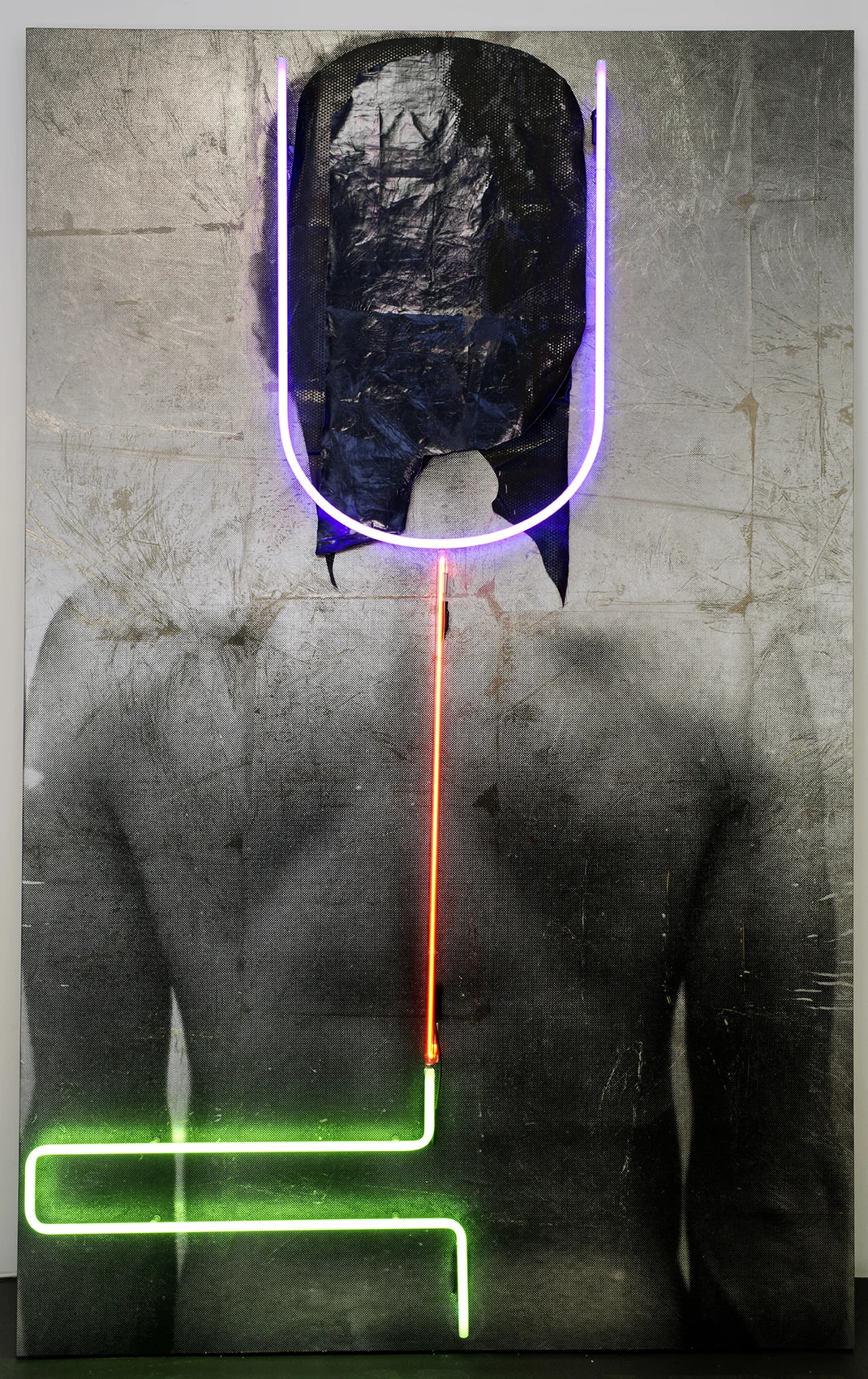 Back of Man II, 2016 Linen, ink, acrylic, foil, neon 260 x 165 x 12 cm