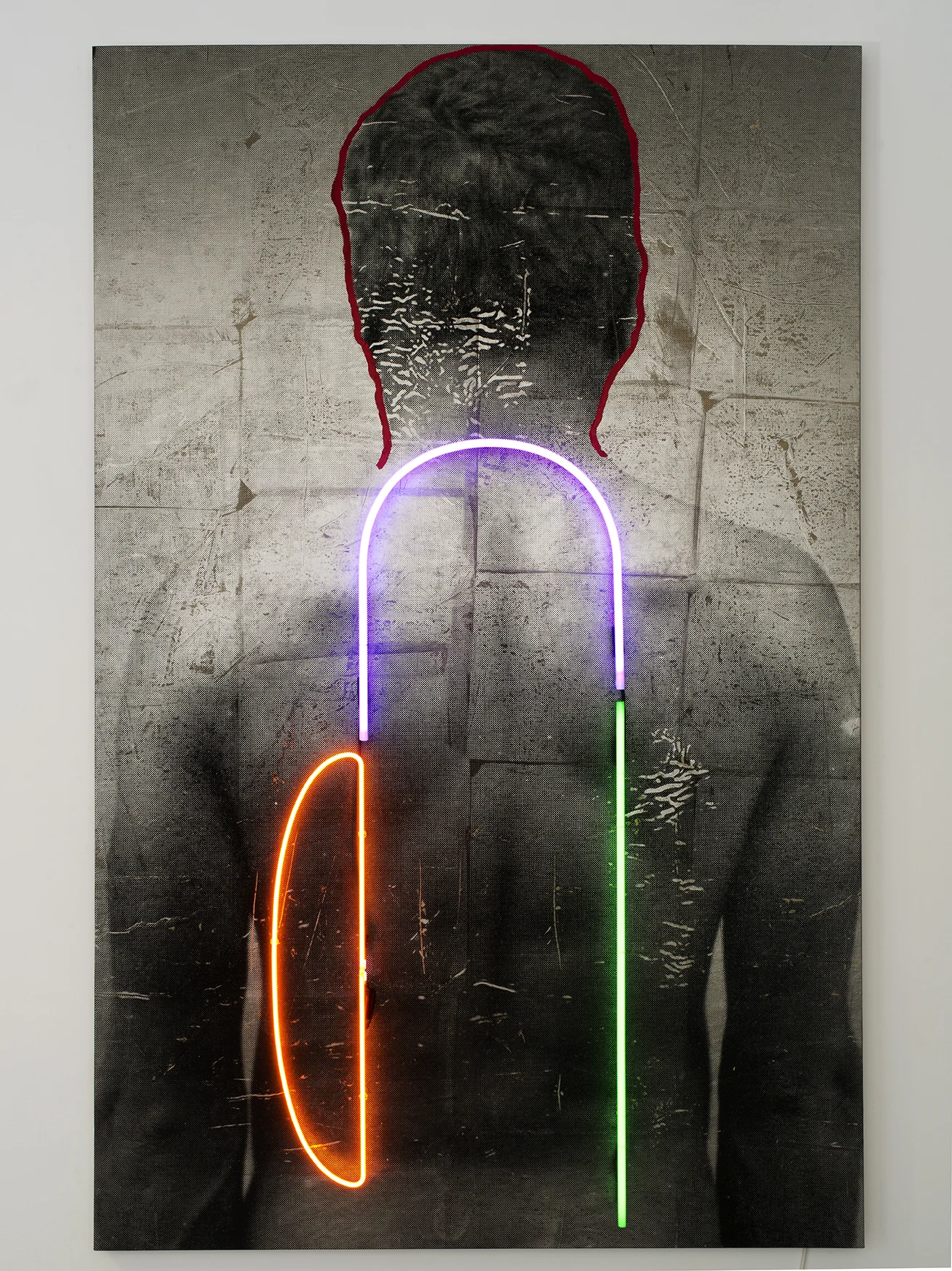 Back of Man I , 2016 Linen, ink, acrylic, foil, neon 260 x 165 x 12 cm