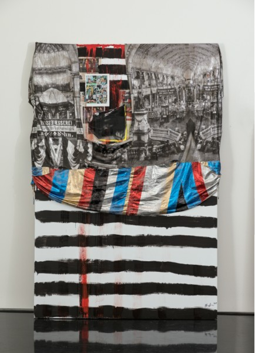 The Monthly II , 2017 Acrylic polymer paint, oil, linen, ink, paper and glue on dibond 240 x 160 cm