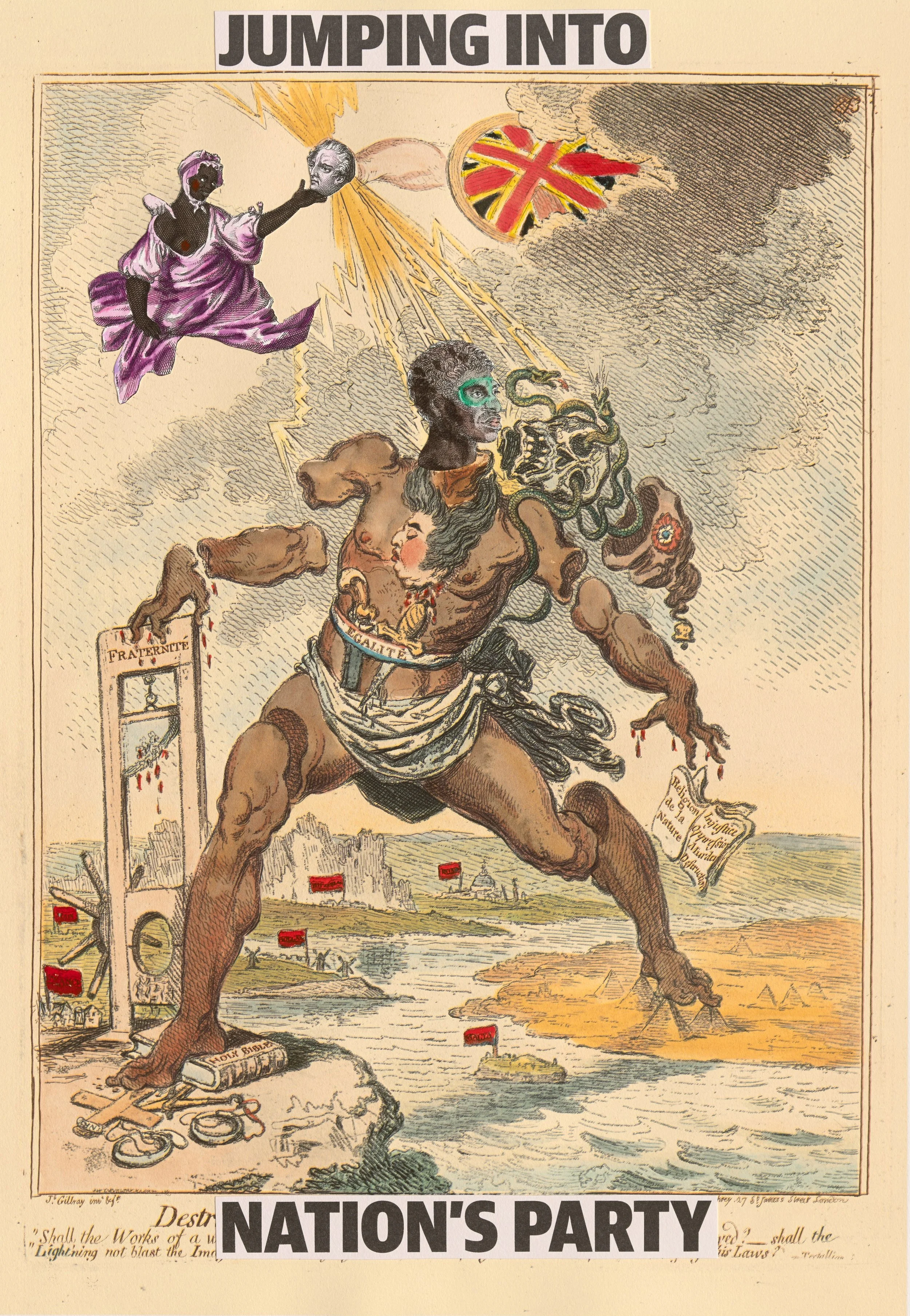Jumping into nation's party , 2016 Four-colour photolithograph, with collaged photolithograph elements and hand colour 76cm × 56cm JUMPING INTO NATIONS PARTY Edition: 30 Image size: 70cm × 48.5cm Paper size: 76cm × 56cm