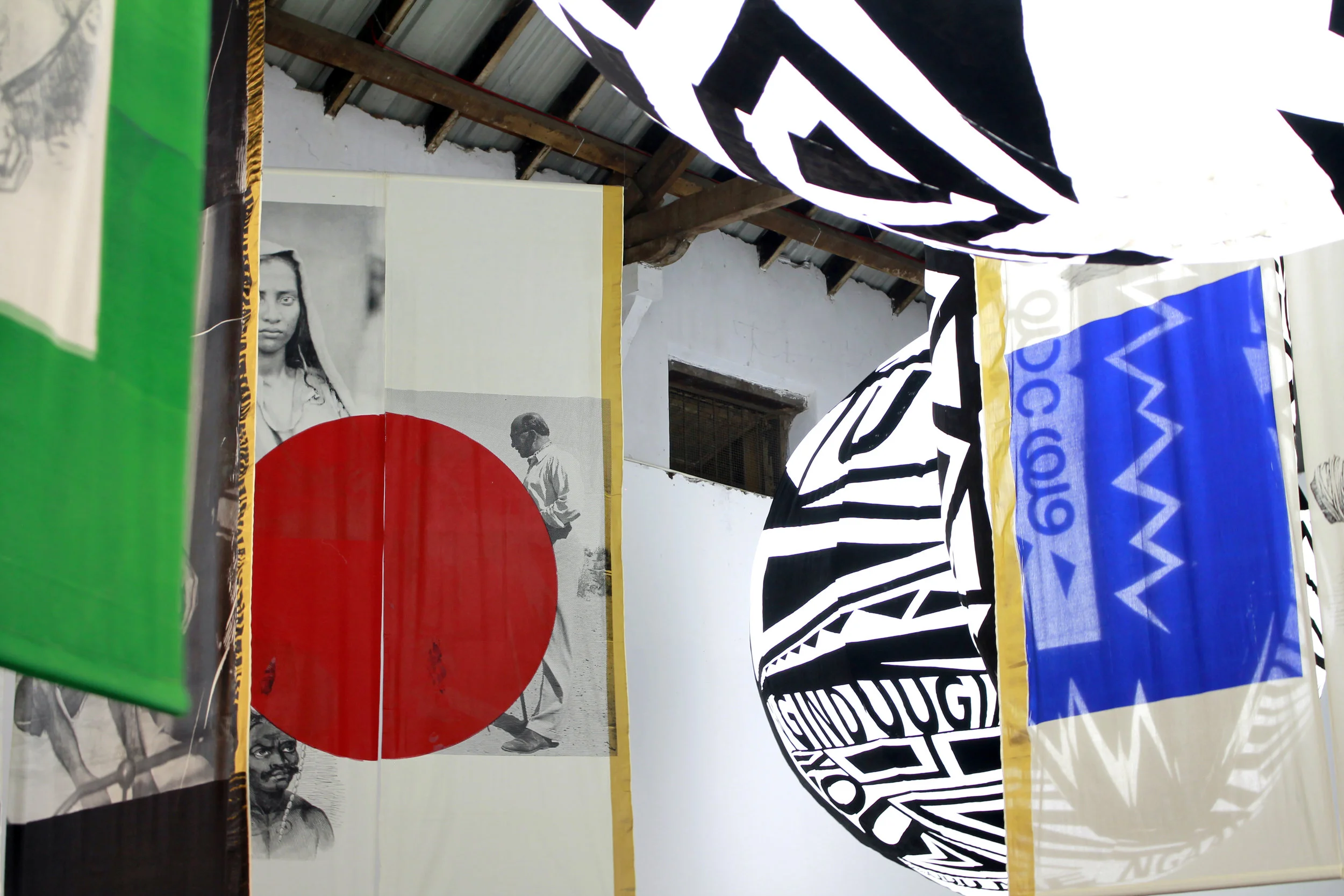   The Space Between , 2018  site-specific installation of two artworks  Seeing I-IV  (inflatable sculptures) &amp;  Inconsequential I-VI  (screen-printed textile).  Dimensions variable  Cotton, polyester, paint, fan blower and metal. 