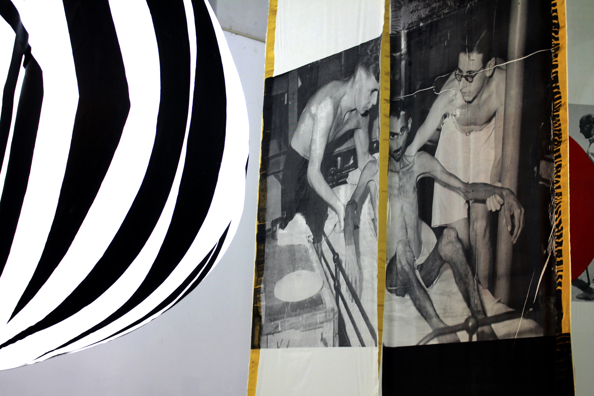   The Space Between , 2018  site-specific installation of two artworks  Seeing I-IV  (inflatable sculptures) &amp;  Inconsequential I-VI  (screen-printed textile).  Dimensions variable  Cotton, polyester, paint, fan blower and metal. 