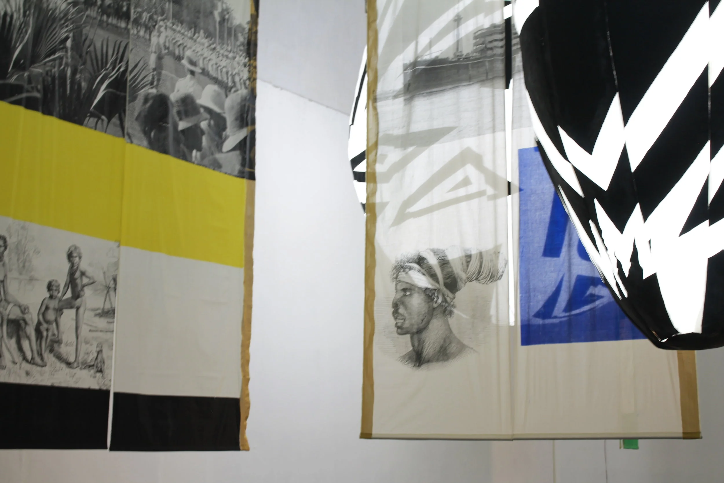   The Space Between , 2018  site-specific installation of two artworks  Seeing I-IV  (inflatable sculptures) &amp;  Inconsequential I-VI  (screen-printed textile).  Dimensions variable  Cotton, polyester, paint, fan blower and metal. 