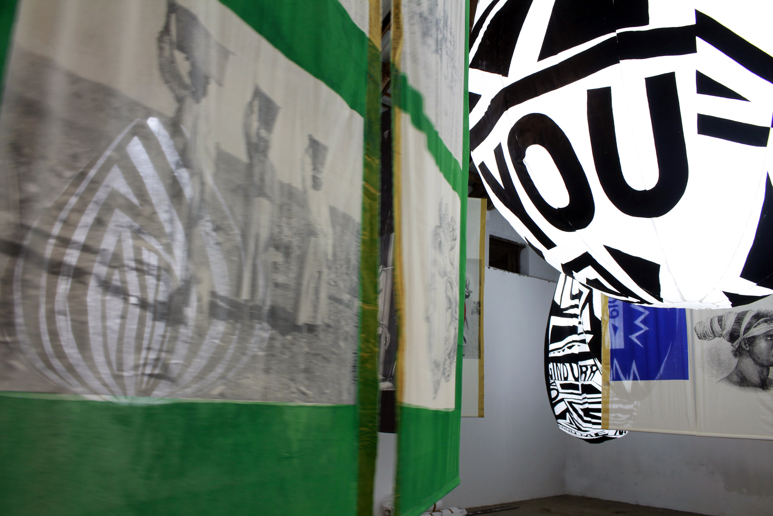   The Space Between , 2018  site-specific installation of two artworks  Seeing I-IV  (inflatable sculptures) &amp;  Inconsequential I-VI  (screen-printed textile).  Dimensions variable  Cotton, polyester, paint, fan blower and metal. 