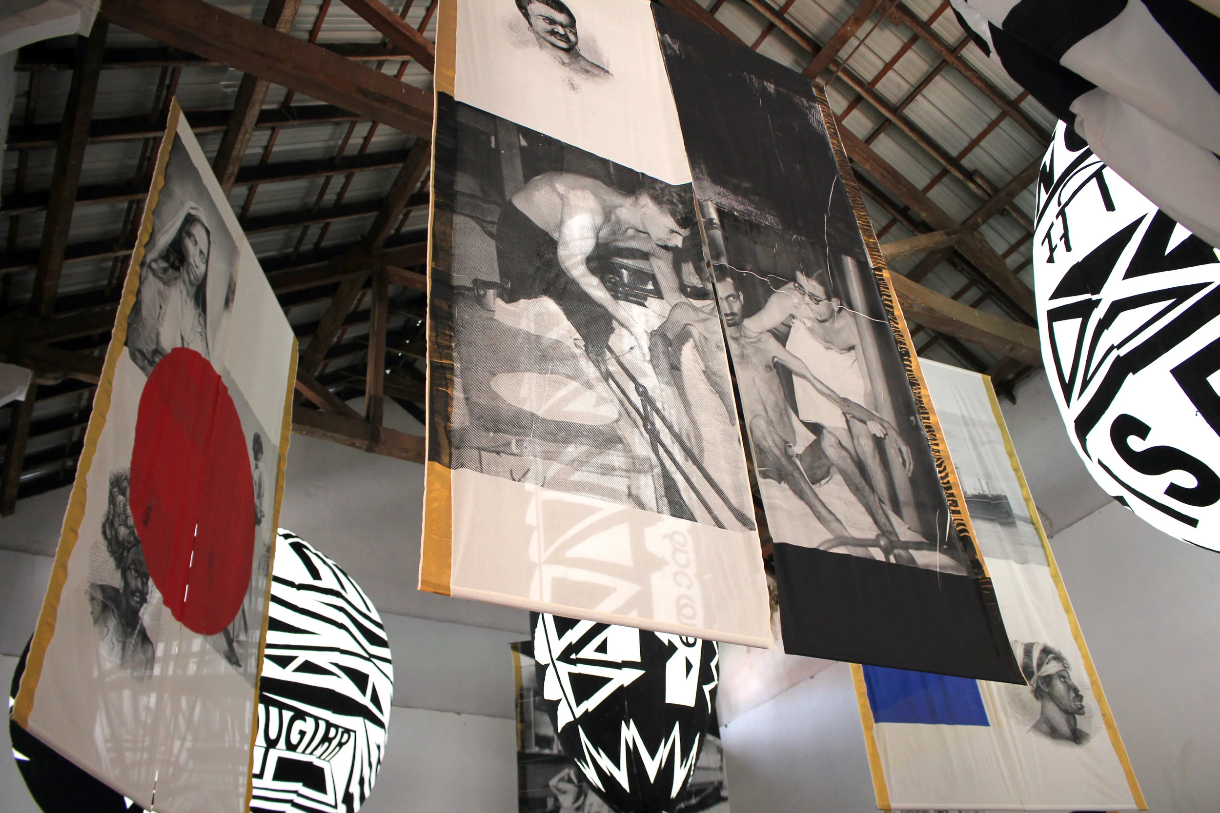   The Space Between , 2018  site-specific installation of two artworks  Seeing I-IV  (inflatable sculptures) &amp;  Inconsequential I-VI  (screen-printed textile).  Dimensions variable  Cotton, polyester, paint, fan blower and metal. 