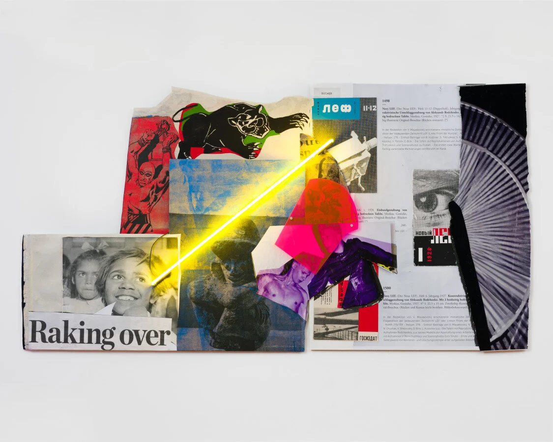 This year, raking over.. ., 2020 screen print, photoprint, digital print, textile, paper and neon 308 x 161.5 x 9.5 cm more info