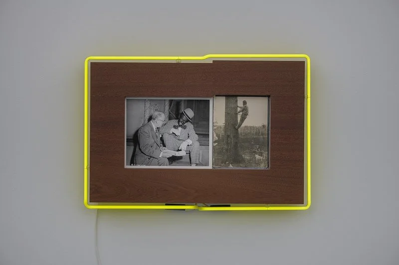 SUNSET V 2016 Brook Andrew press photography, 19th century Charles Kerry Sydney photography, sapeli wood, neon 10,5 x 66 x 46 cm Collection: Van Abbemuseum, Eindhoven