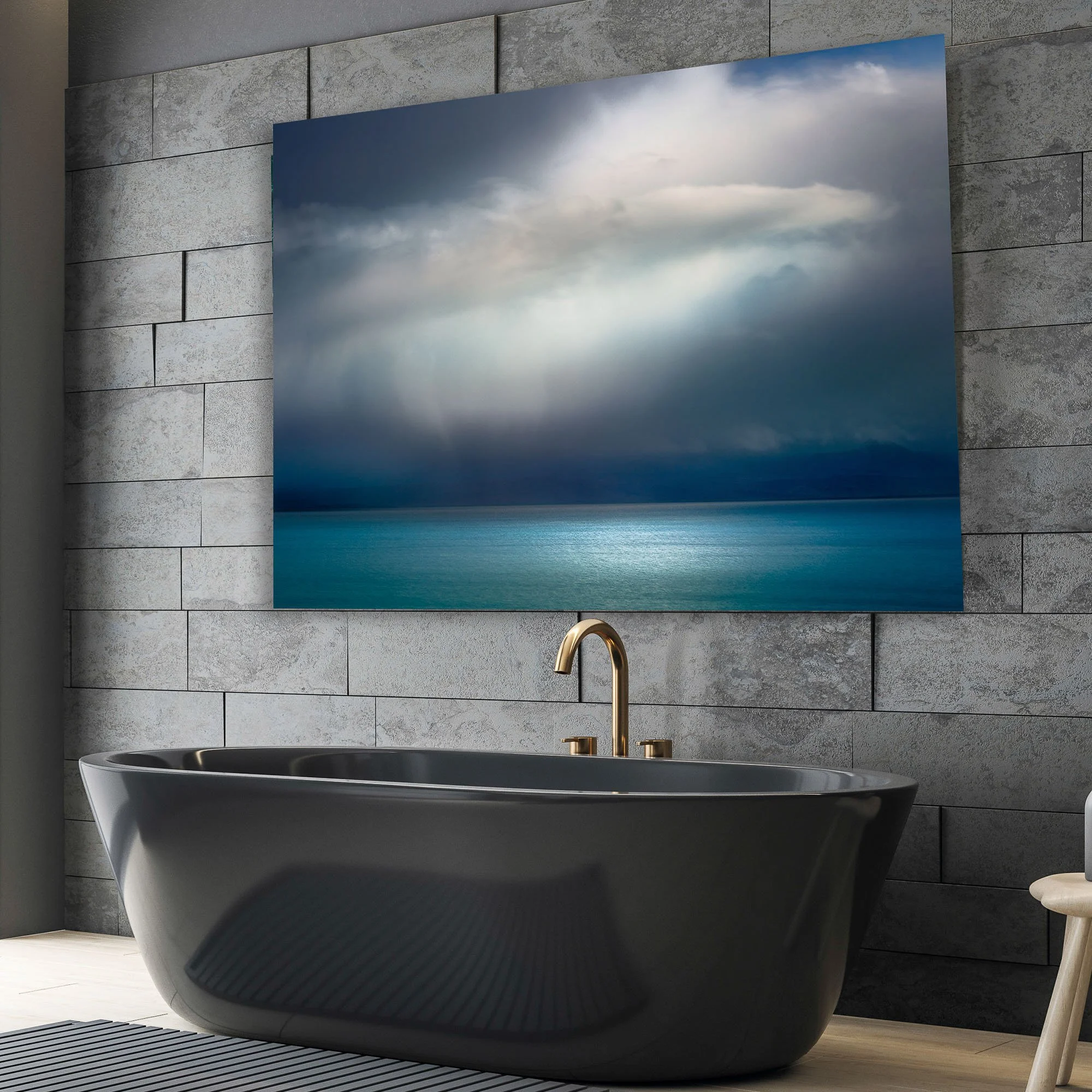 Contemporary coastal wall art in deep blue and white for bathroom