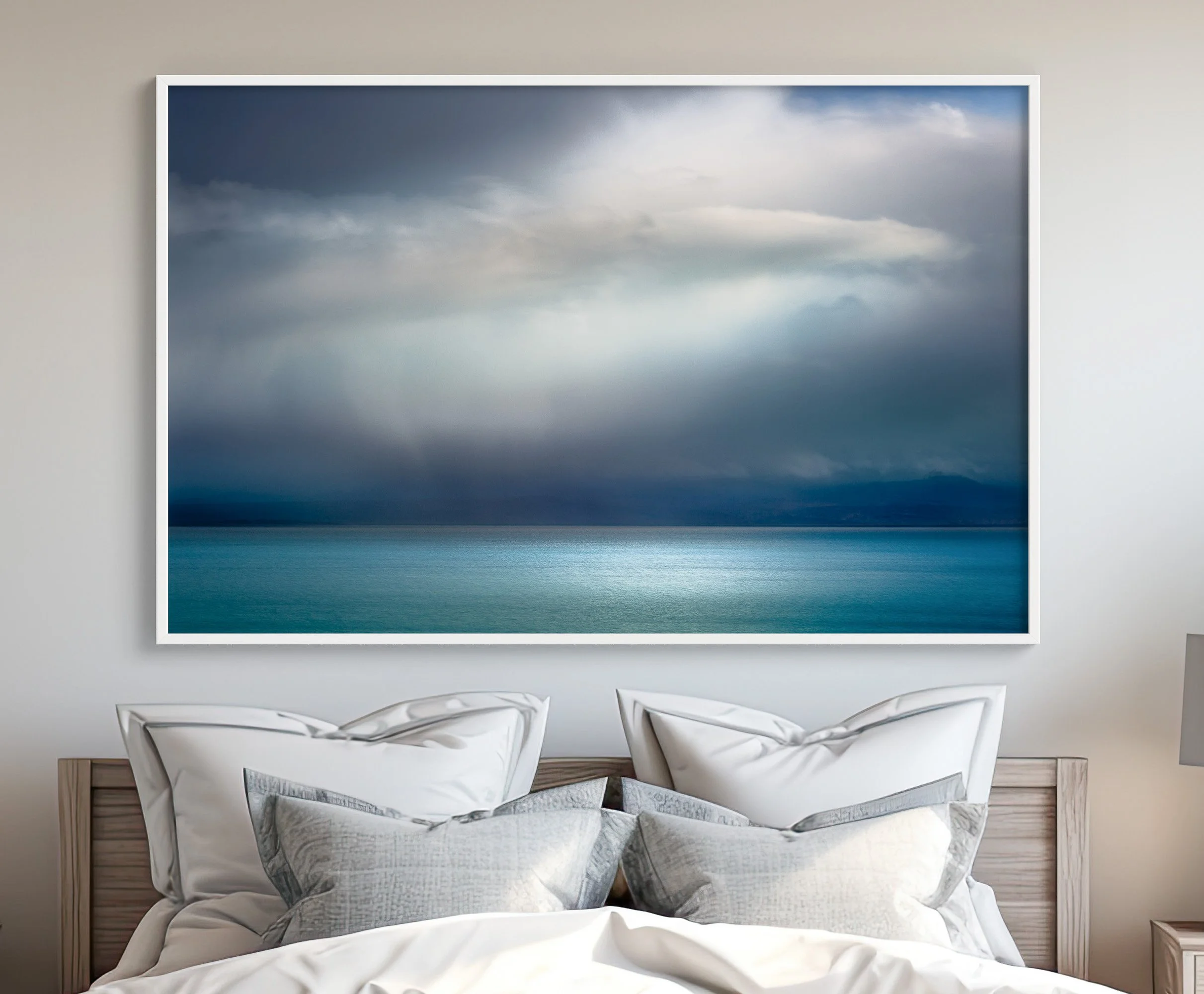 Minimalist blue and teal abstract ocean artwork for over bed