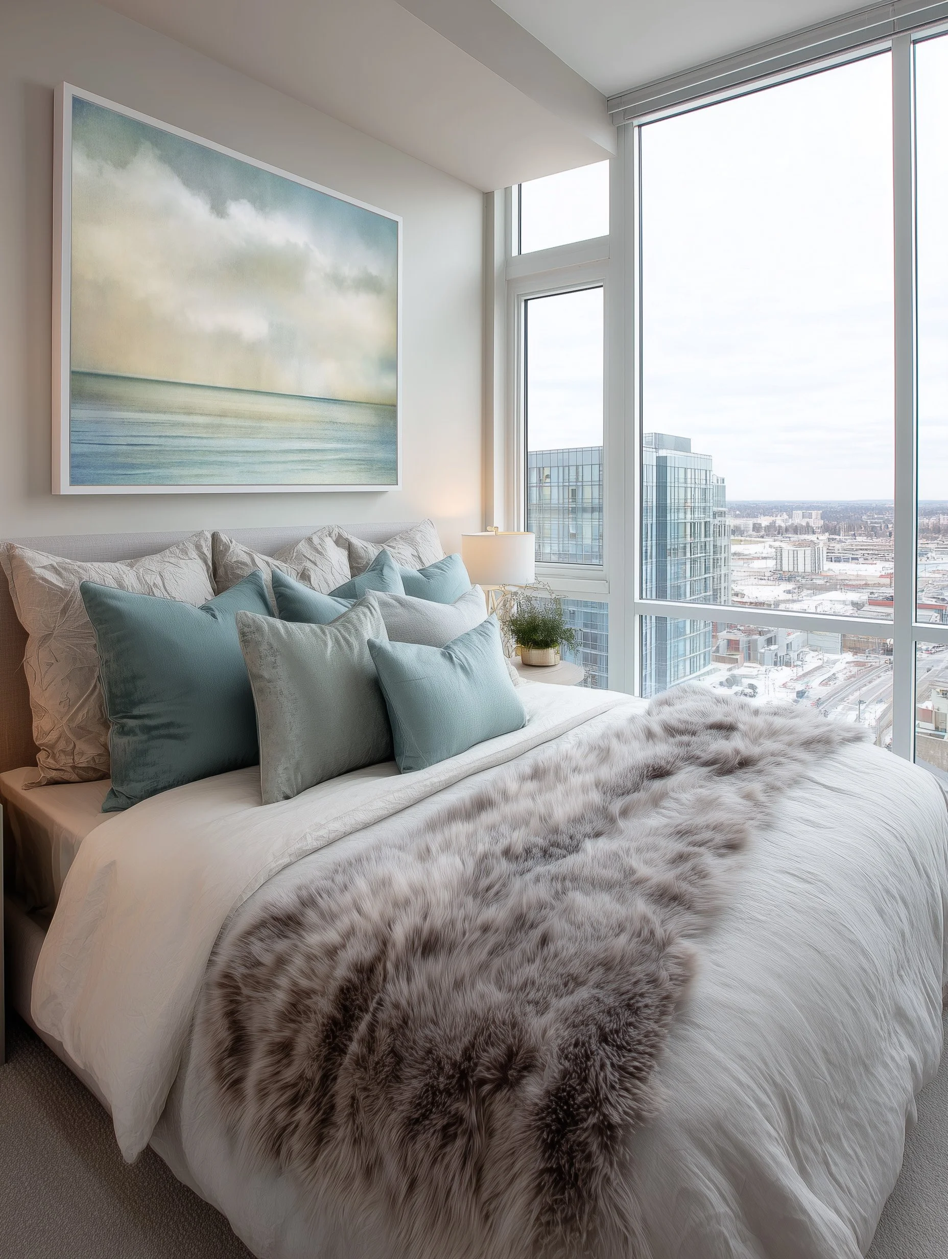 A vast horizon suspended in quiet light, Heaven Below captures the meeting of sea and sky in softened tonal layers of teal, mist, and pale warmth. Designed for oversized presentation, this large format coastal artwork brings calm authority and archit