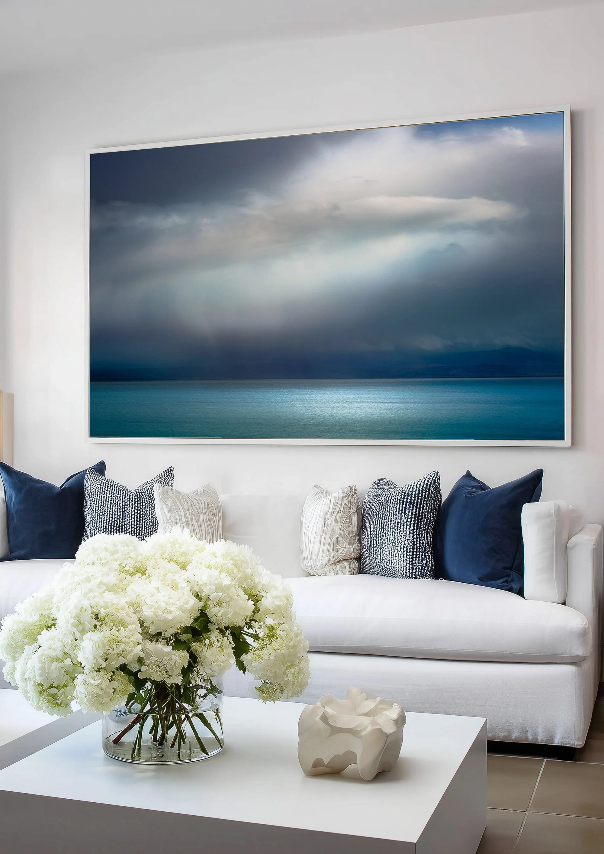 Statement wall art for modern living rooms featuring abstract sea and sky