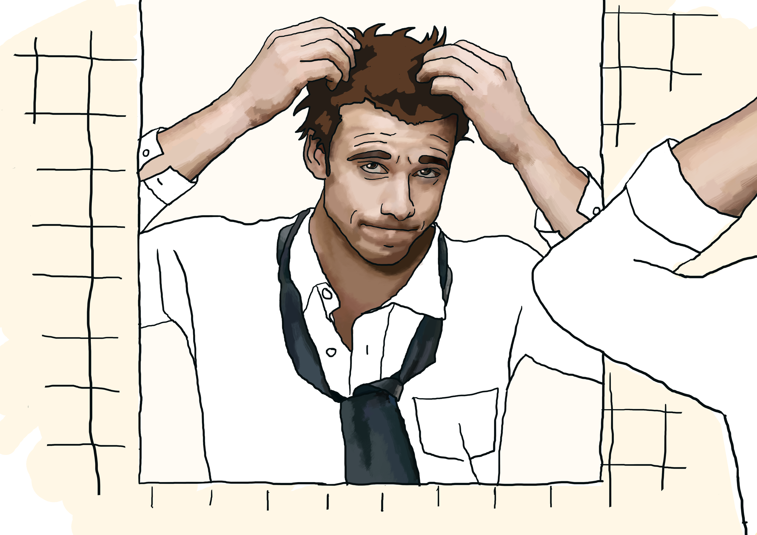 Vi ser Kristian på do, løsner på slipset og rufser til håret