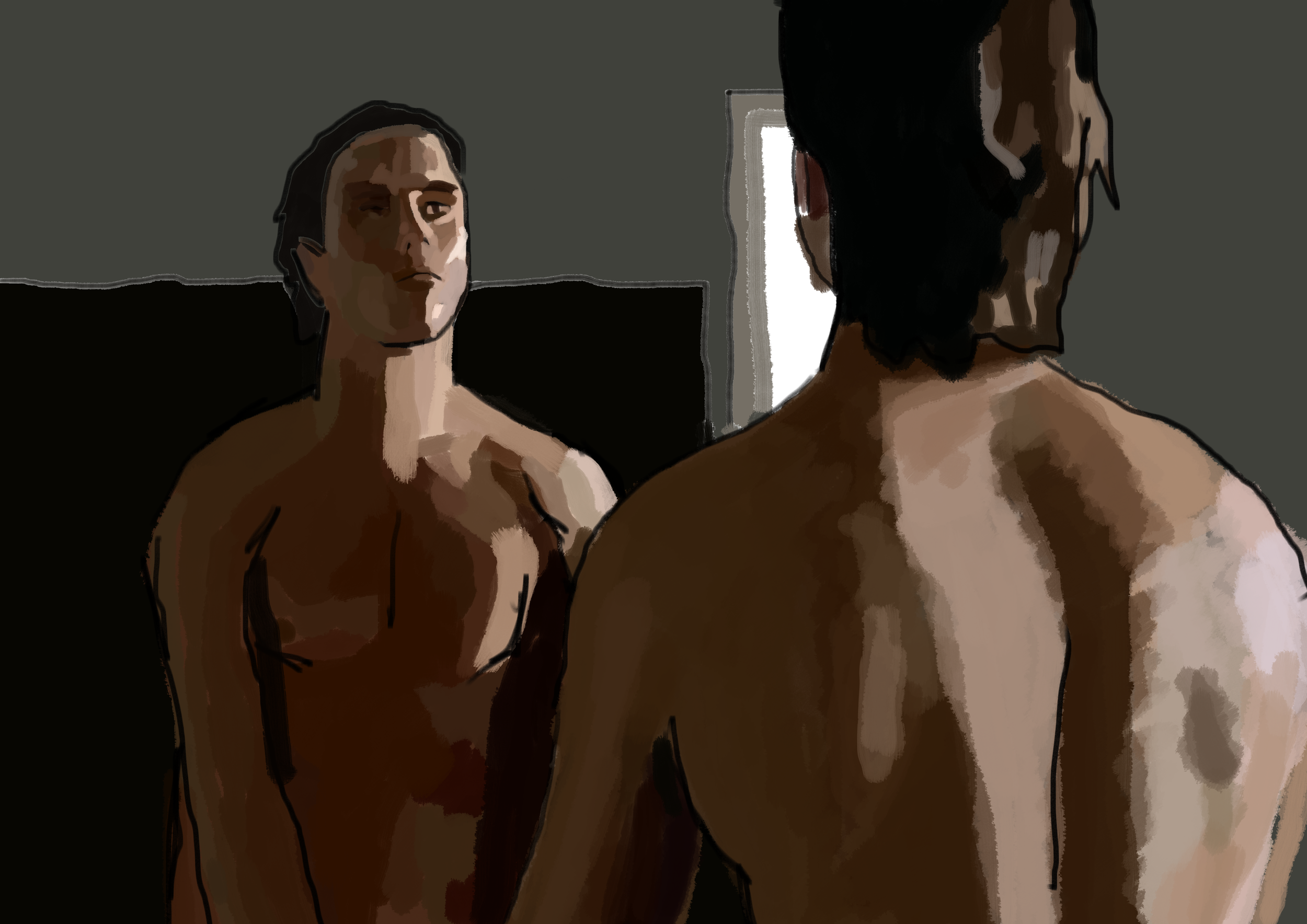 Mann ser seg i speilet, voice-over kommer på; "Vann sørger for at jeg får blodsirkulasjon i ansiktet" 