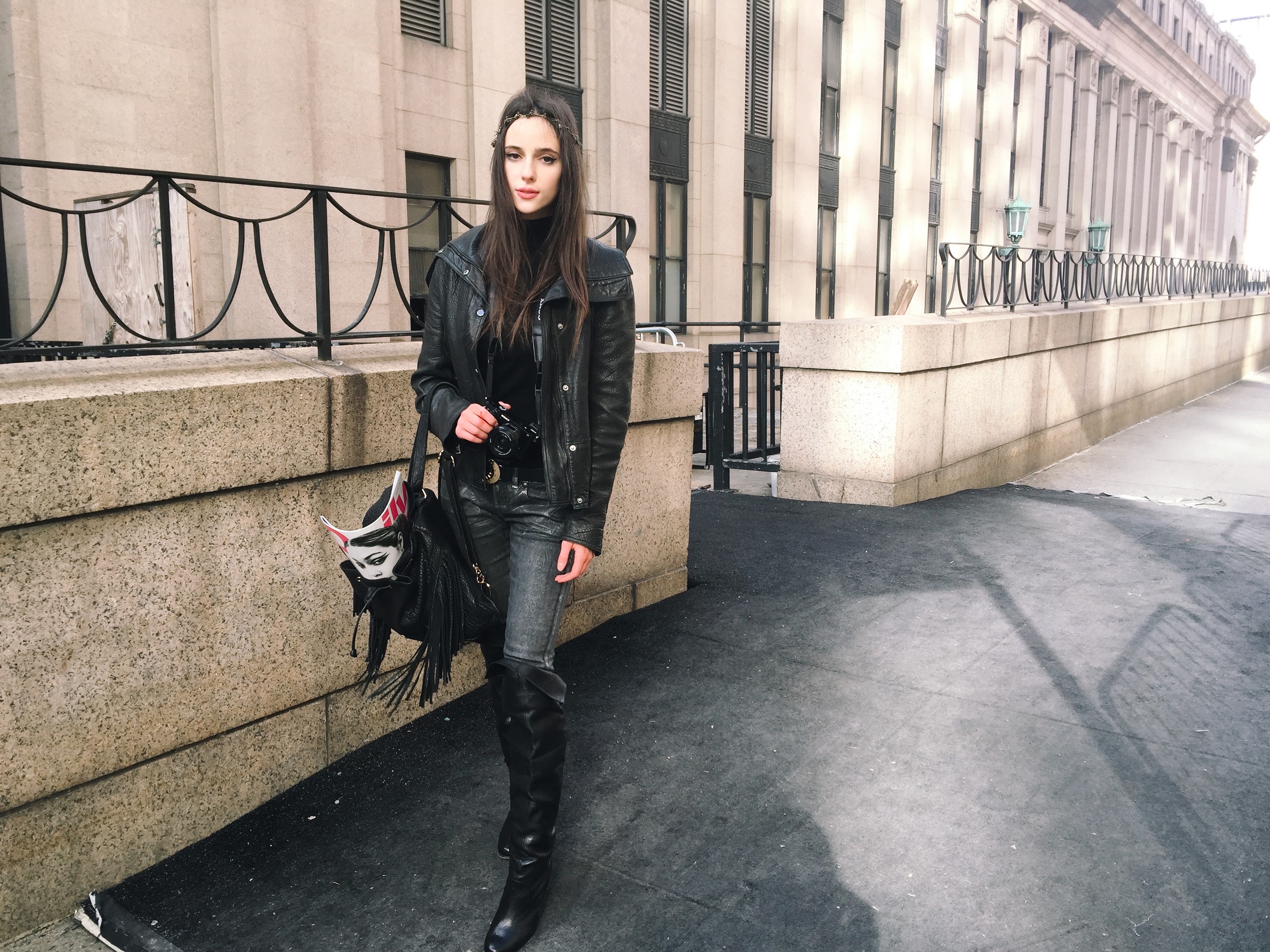 photo by amedeo turello \\ mock neck top: free people | moon belt: free people | metallic foil jeans: free people | thigh high boots: free people | backpack: urban outfitters | headband: free people | jacket: n/a