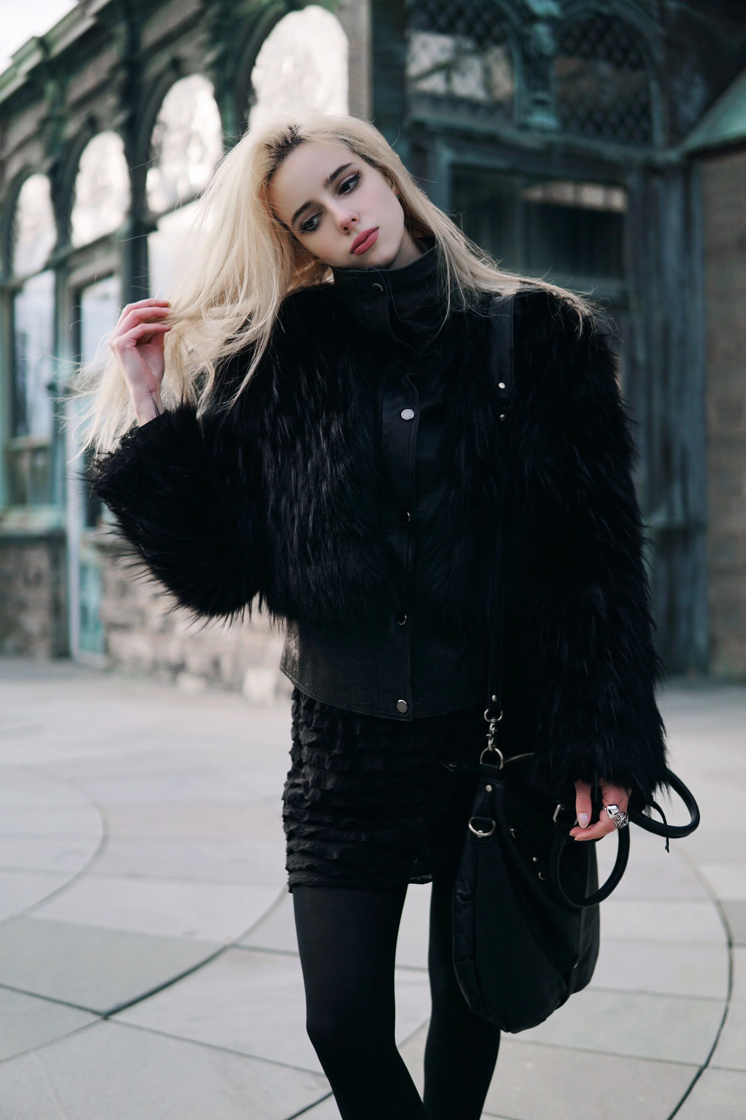jacket: n/a | faux fur coat: disturbia | bag: urban outfitters | skirt: free people | boots: free people | alien ring: disturbia