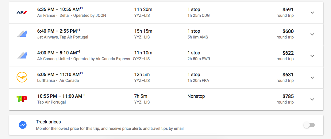 YYZ to LIS Options.png