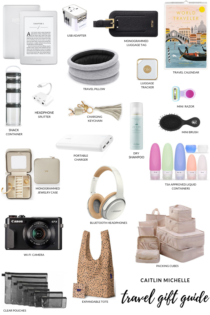 Kindle // USB Adapter // Monogrammed Luggage Tag // Travel Calendar // Snack Container // Headphone Splitter // Travel Pillow // Luggage Tracker // Mini Razor // Charging Keychain // Dry Shampoo // Mini Brush // Monogrammed Jewelry Case // Portable Charger // Bluetooth Headphones // TSA Approved Liquid Containers // Wi-Fi Enabled Camera // Packing Cubes // Clear Pouches // Expandable Tote