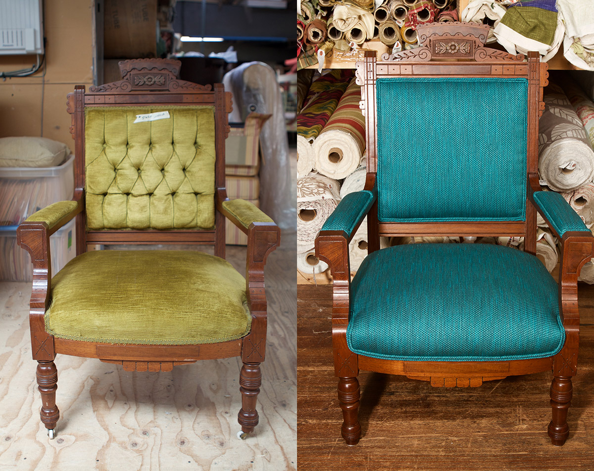   Before:  &nbsp;This green gem was an antique that was absolutely worth keeping in the family home.   After:  &nbsp;Now, this Brightened Eastlake Arts and Crafts chair will remain an heirloom for several generations, with its turquoise hopsack fabri