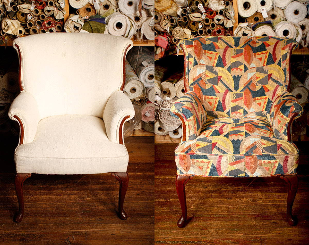   Before:  &nbsp;We love the shape of this elegant wingback and appreciate its curved lines – even if it was a little vanilla.   After:  &nbsp;Zimman’s sure gave it pizzazz! With luxurious Clarence House cut velvet so pleasing to the touch, this shap
