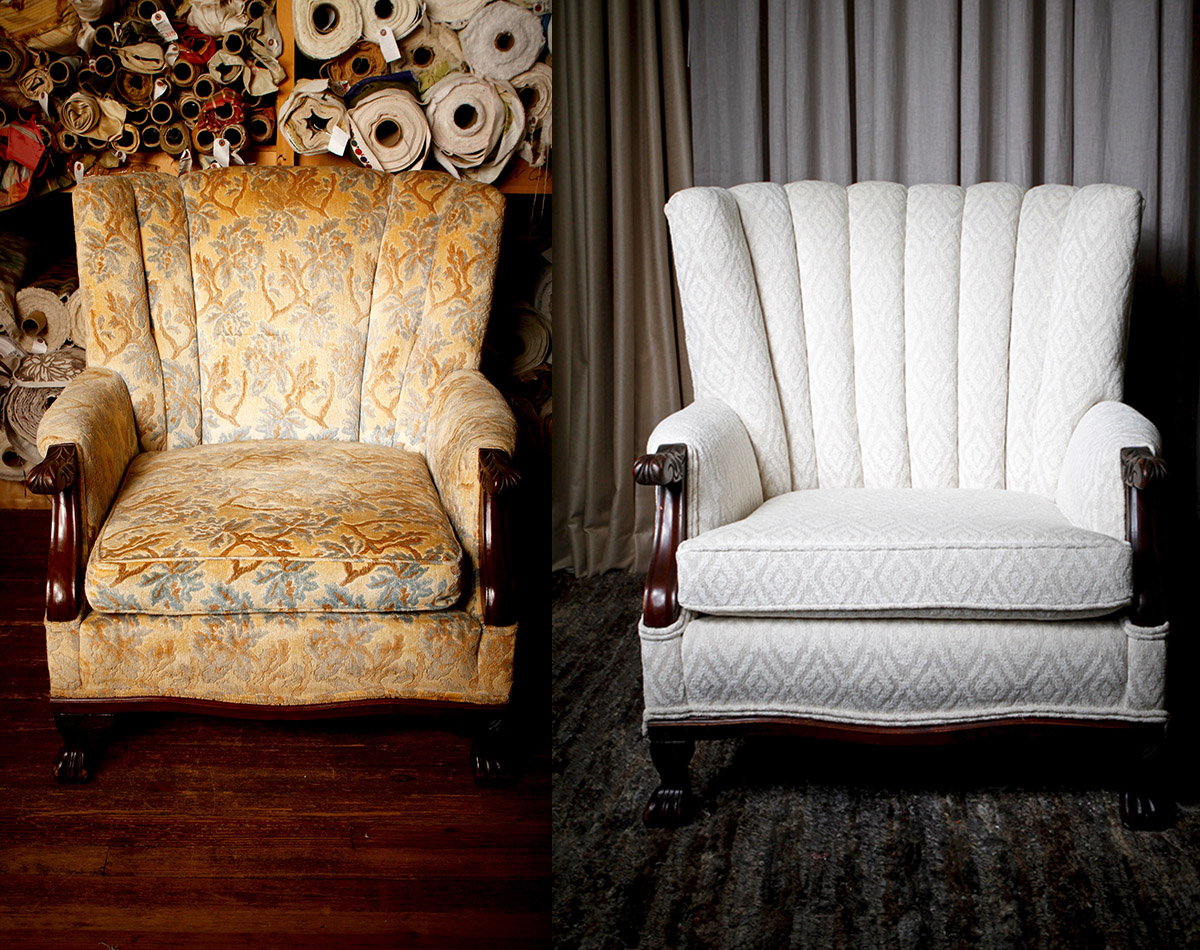   Before:  &nbsp;This dignified channel back piece was still a stunner at heart – it just needed updating.   After:  &nbsp;No longer your grandmother’s chair, this contemporary, white seat now features diamond chenille from a fine Turkish mill and wi