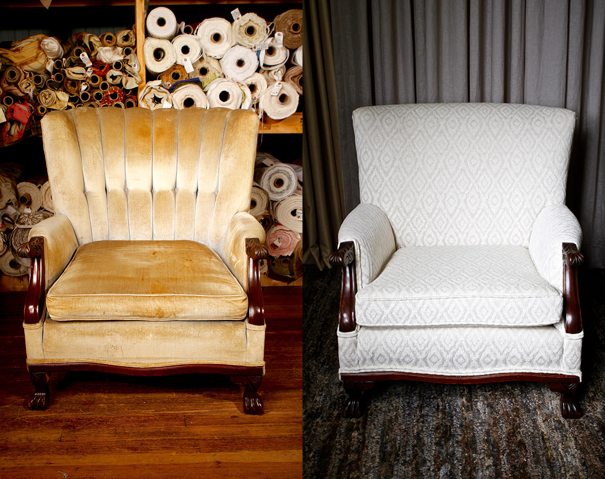   Before:  &nbsp;This tight back claw foot lounger was a super cool statement piece, but a tad outdated.   After:  &nbsp;Now, it’s kept cool but has an added advantage: a sleek modern look and comfortable feel with diamond chenille.  