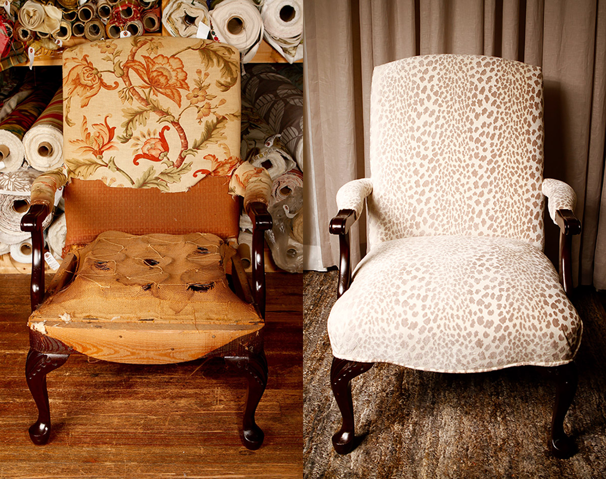   Before:  &nbsp;This vintage chair was beautifully crafted but had seen better days.   After:  &nbsp;Updating its original frame and applying leopard cut velvet grospoint fabric, Zimman’s transformed this chair into a seat worth saving!  