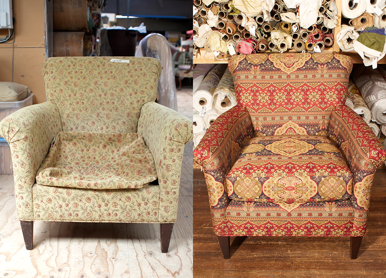   Before:  &nbsp;We hate to bring it up but – the hidden style and cushioning had us thinking deflategate…   After:  &nbsp;Touch down! Zimman’s helped this classic armchair bounce back with a rich tribal paisley fabric from a top domestic weaver.  