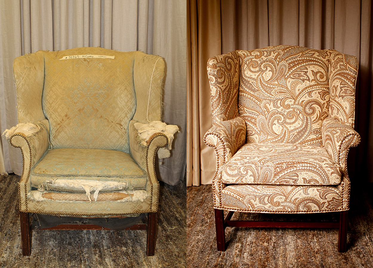   Before:  &nbsp;This wingback chair sported nailhead trim and a stretcher bar when it was originally crafted.   After:  &nbsp;Now, this chair has a bright future with a more sound structure – and dons a gorgeous paisley fabric from a high-end domest