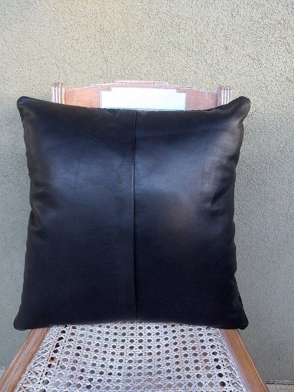 Moroccan Woven Black Leather Pillow, Black Leather Cushion